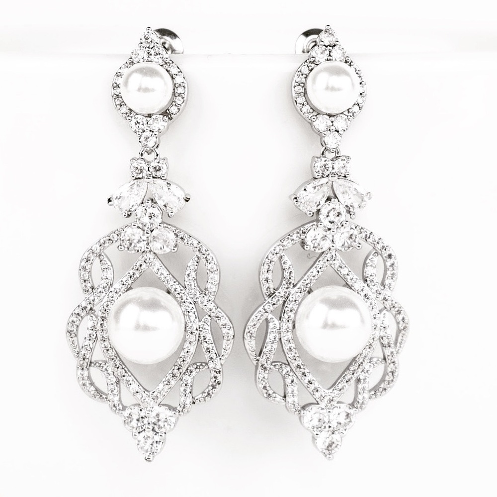 Elegant Silver CZ Pearl Drop Bridal White Gold Plated Chandelier Earrings
